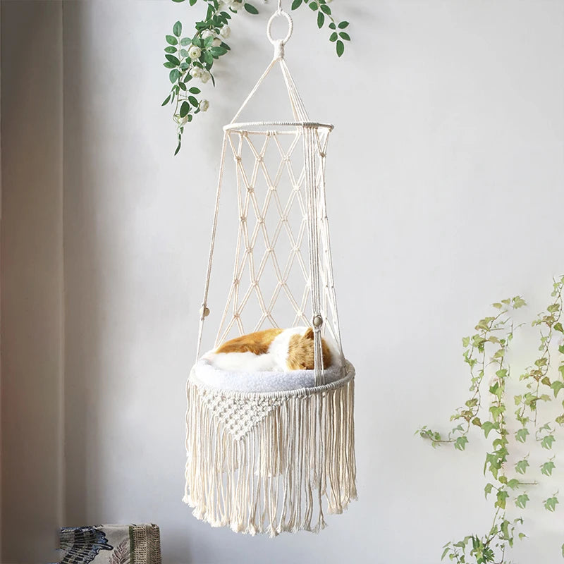 Hanging Cat Bed Pet Cat Hammock Cotton Rope Aerial Cats Bed House Tassel Woven Climbing Frame Seat Nest Pet Basket Tapestry New