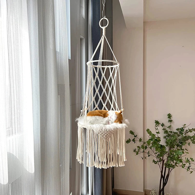 Hanging Cat Bed Pet Cat Hammock Cotton Rope Aerial Cats Bed House Tassel Woven Climbing Frame Seat Nest Pet Basket Tapestry New